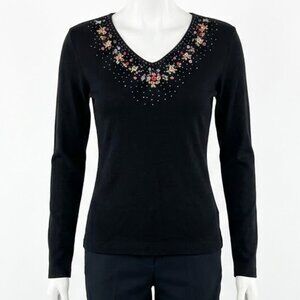 Floral Pullover Sweater Womens Black Small Long Sleeve Embroidery Whimsgoth Dark